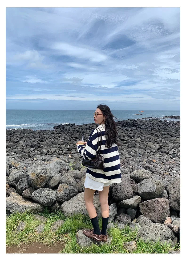 Loose Fit Striped Polo Sweatshirt