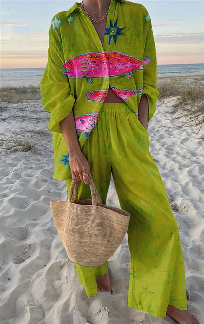 Tropical Print Lace-Up Pant Set