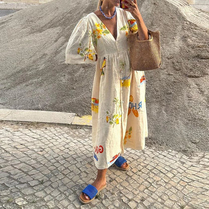 Petal Script V-Neck Maxi Dress