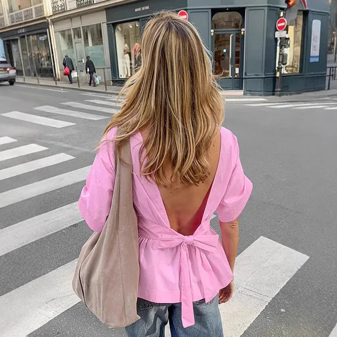 Chic Bow Backless Pleated Top