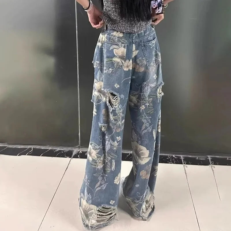 Vintage Floral Ripped Wide Leg Jeans