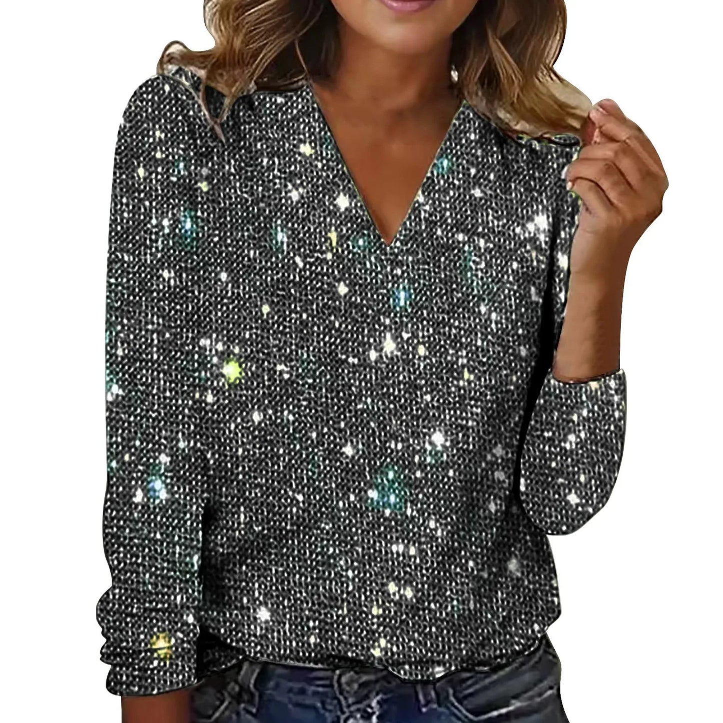 Elegant Women’s Sequin V-Neck Blouse