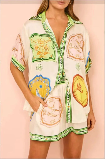 Printed Button Shirt and Shorts Set