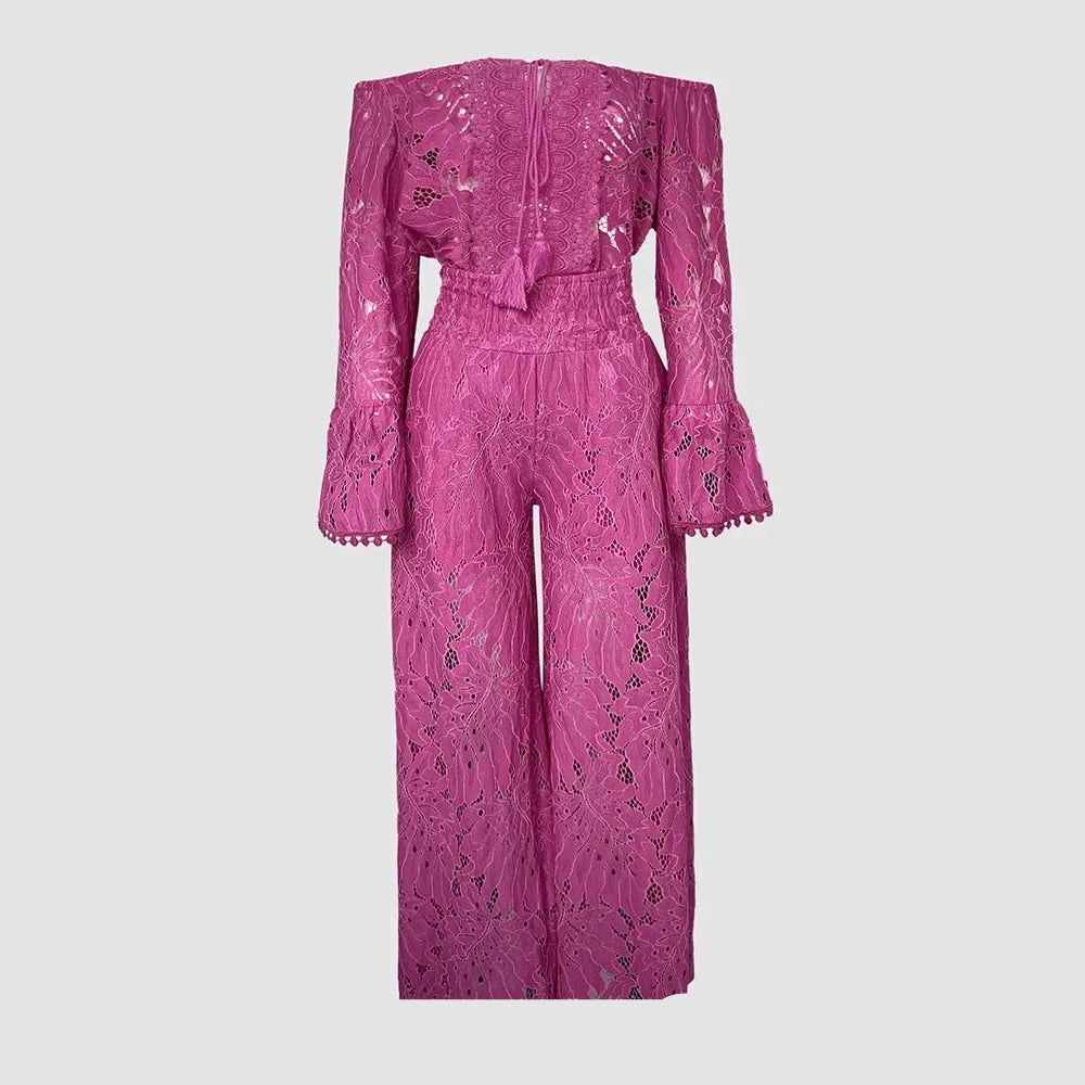 Off-the-Shoulder Bell Sleeve Top & Lace Wide-Leg Pants Set