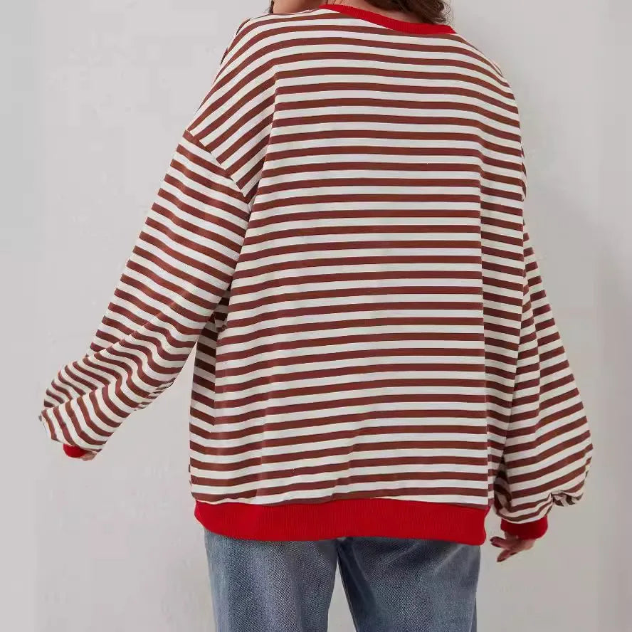 Women's Striped Crew Neck Long Sleeve Pullover Sweater for Fall/Winter Homewear