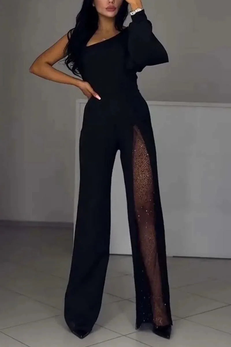 Glam Split Sequin One Shoulder Jumpsuit