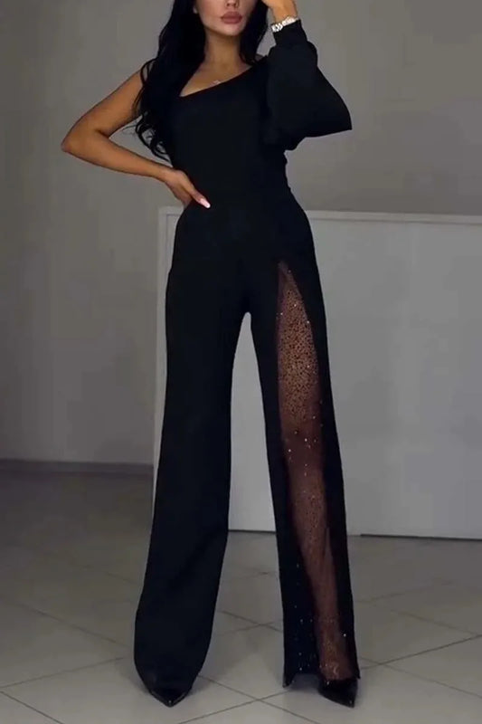 Glam Split Sequin One Shoulder Jumpsuit