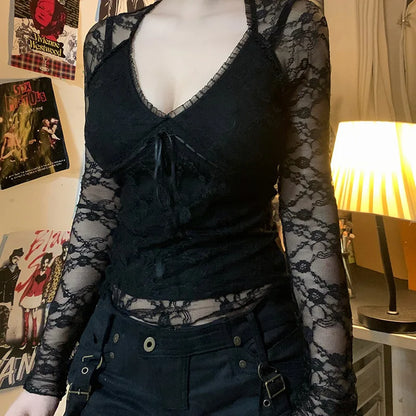 Goth Lace Sheer Patchwork Crop Top