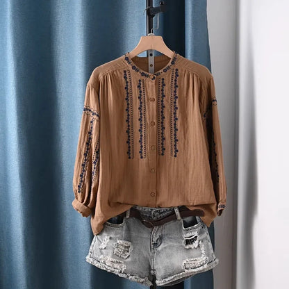 Boho Bloom Embroidered Cotton Shirt