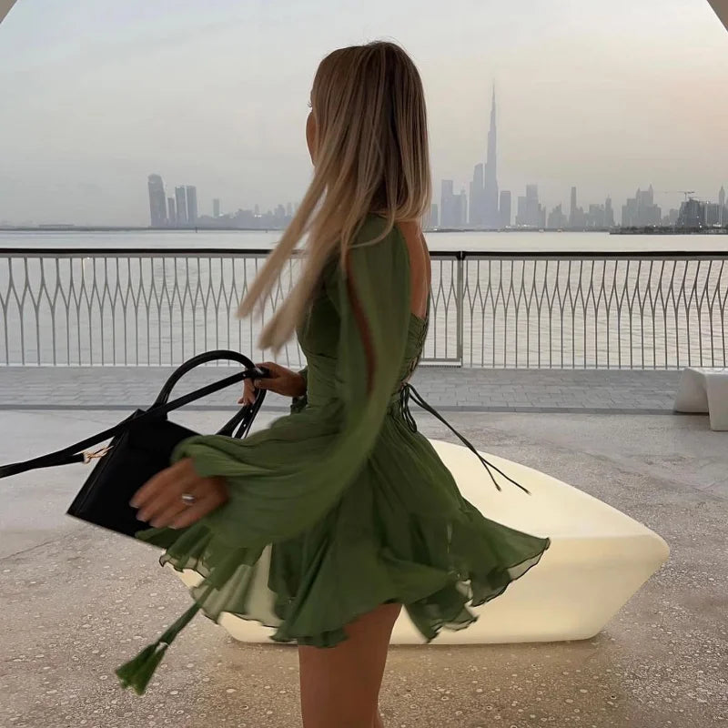 Chic Backless Pleated Tie Mini Dress