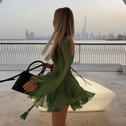 Chic Backless Pleated Tie Mini Dress