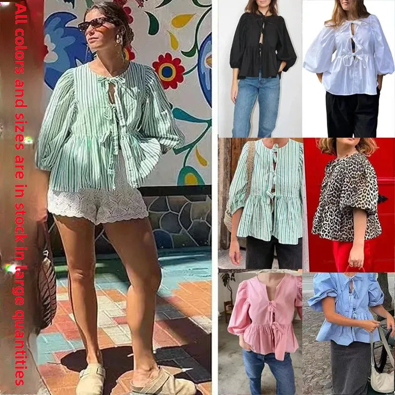 Striped Bow Puff Blouse