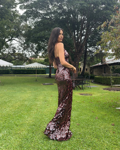 Red Sequin Backless Maxi Dress