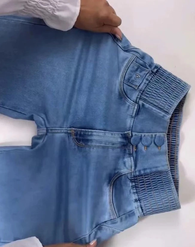 High Waist Shirred Back Denim Jeans