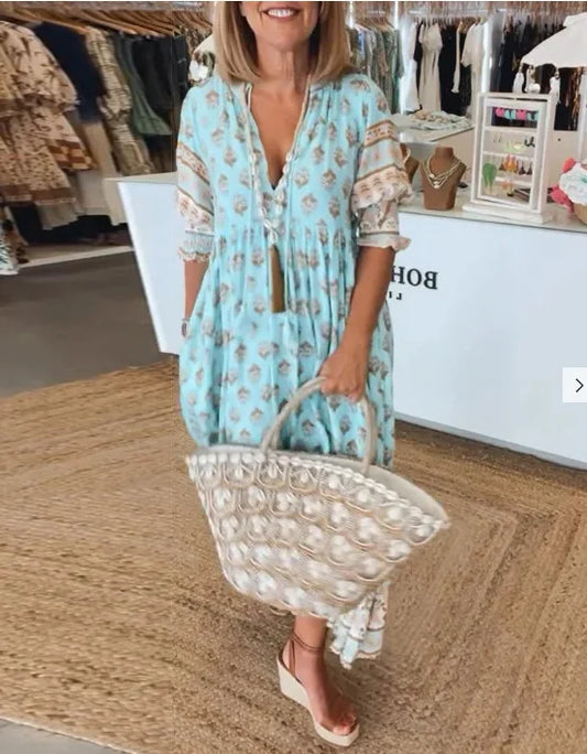 Boho V-neck Lantern Sleeve Dress