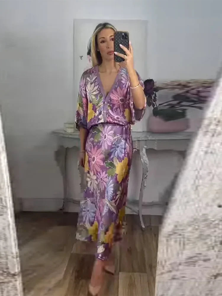 Sophisticated Printed V-Neck Skirt Set