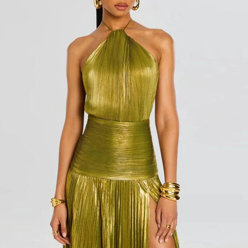 Gold Halter High Split Gown