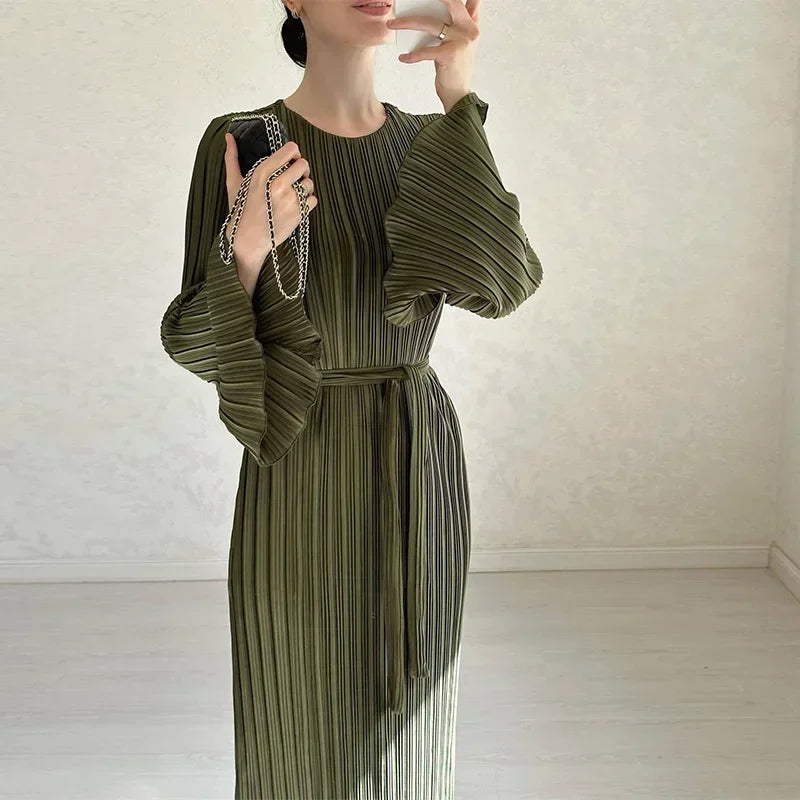 Spring Grace Pleated Belted Dress
