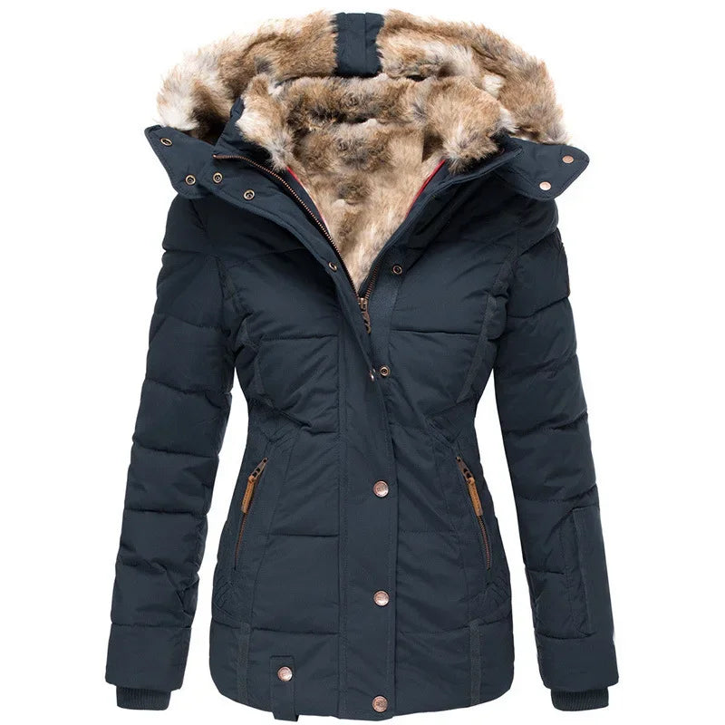 Women’s Hooded Cotton Coat — Slim Warm Fur Collar Jacket
