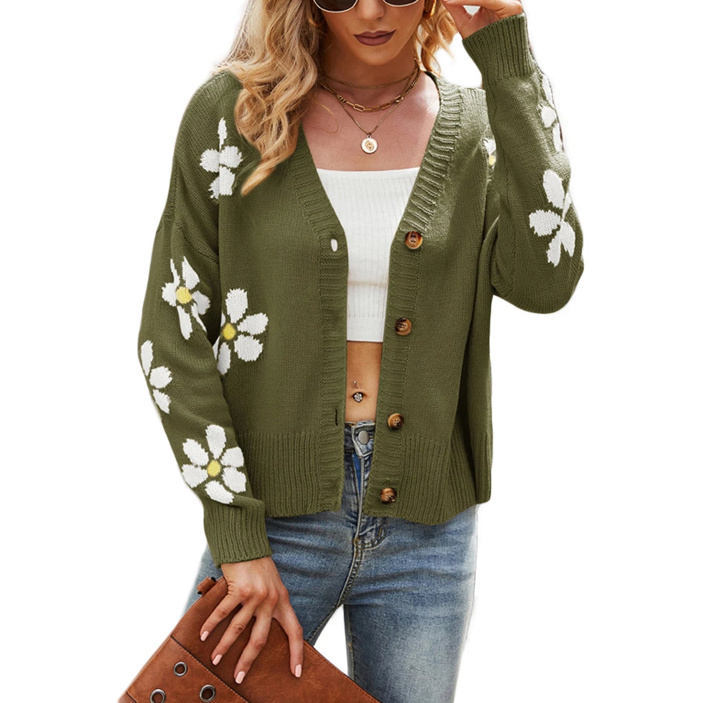 Blossom Knit V-Neck Button Cardigan