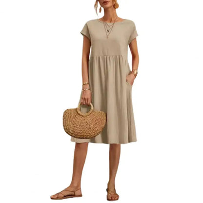 Women’s Vintage O-Neck Casual Summer Dress with Pockets