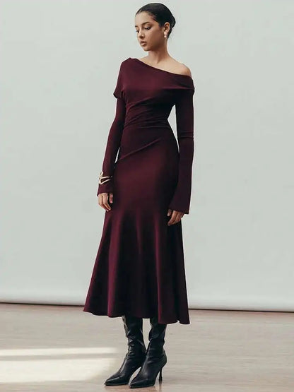 Crimson Drape One-Shoulder Knit Dress