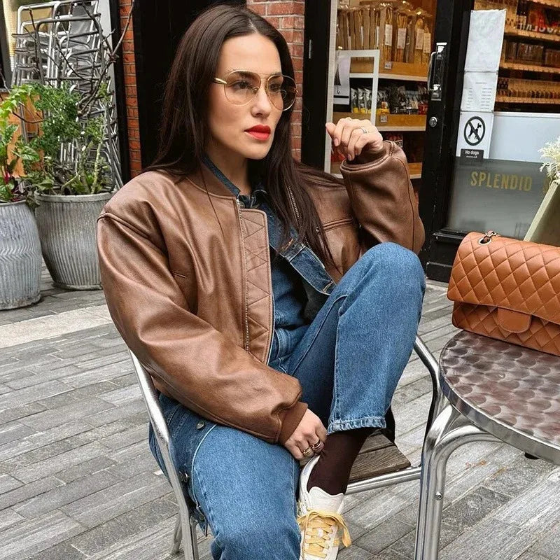 Vintage O-Neck Leather Jacket