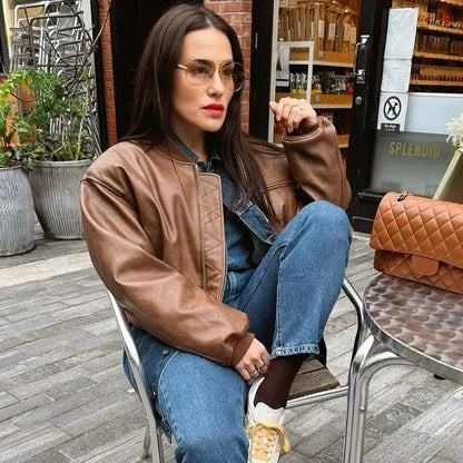 Vintage O-Neck Leather Jacket