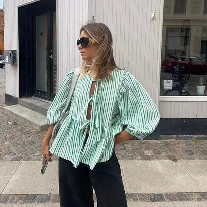 Striped Bow Puff Blouse