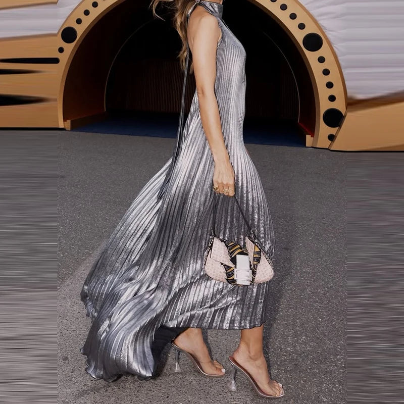 Gilded Glow Halter Swing Dress
