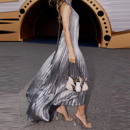 Gilded Glow Halter Swing Dress