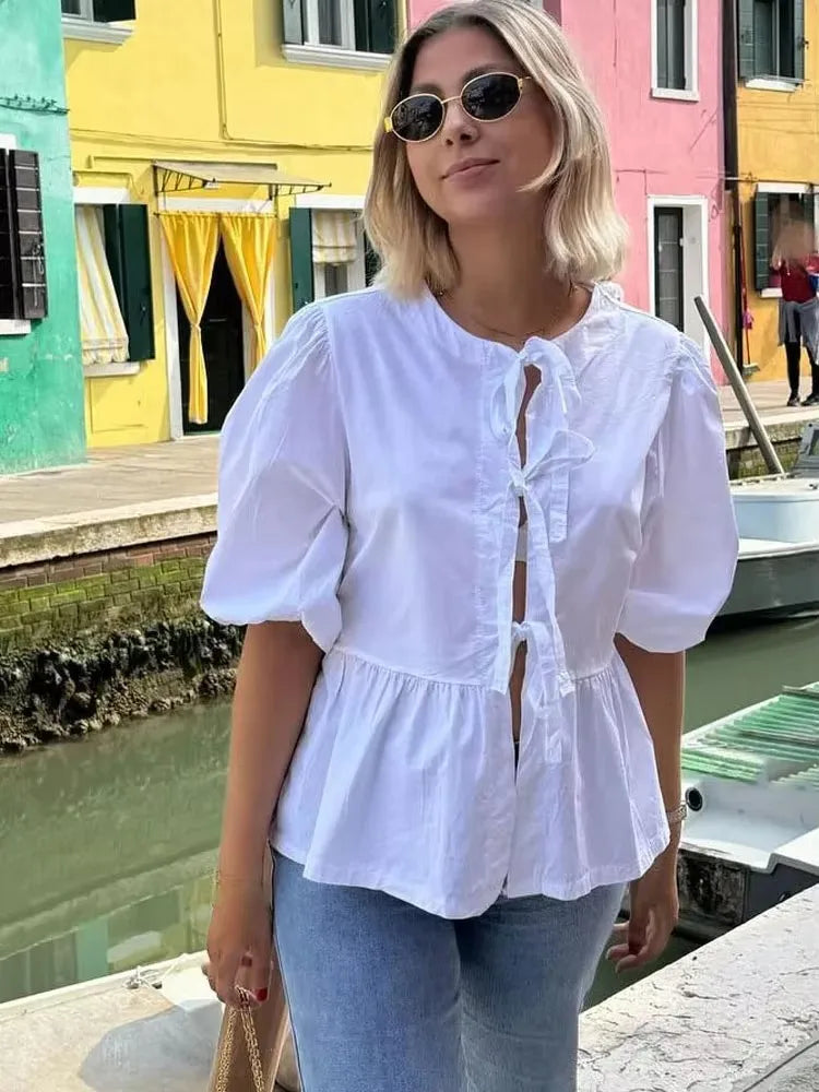 Bow Tie Puff Sleeve Blouse