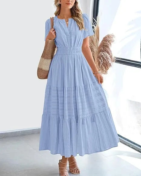 V-Neck Puff Sleeve Beach Dress