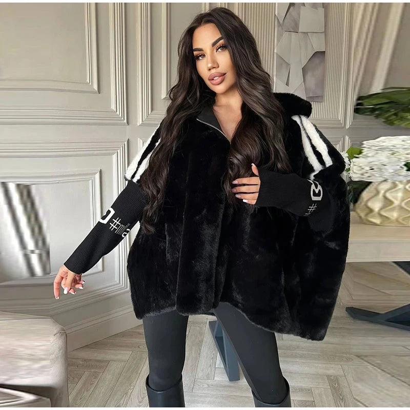 Women’s Knitted Patchwork Faux Fur Short Coat