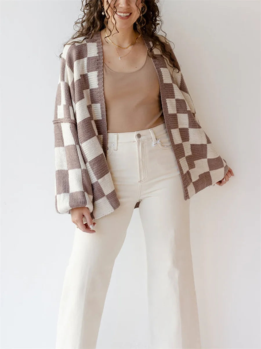 Plaid Ease Oversized Open Front Cardigan