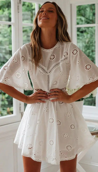 Embroidered Bloom Backless Cotton Dress