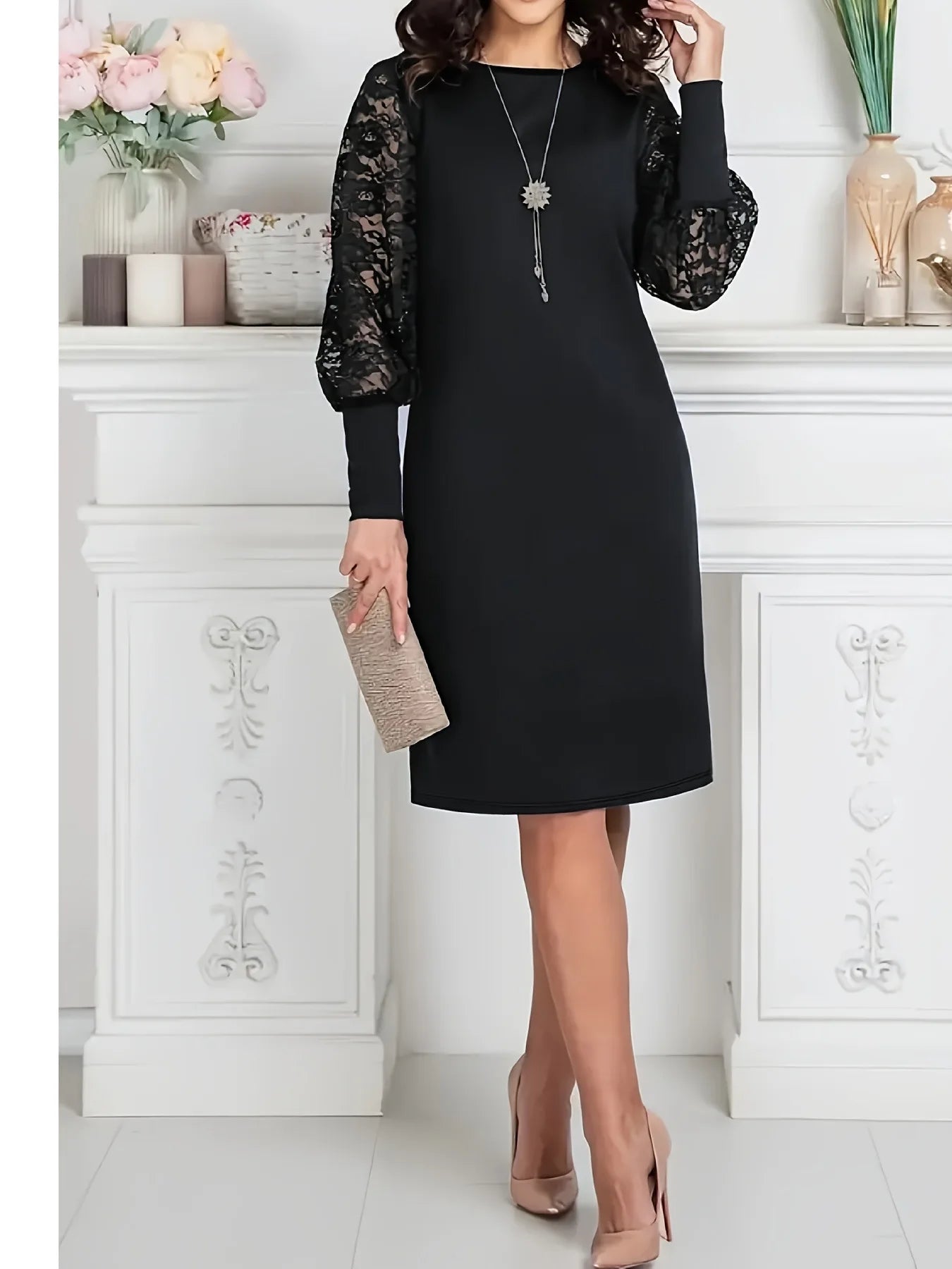 Elegant Long Sleeve Lace Trim Dress