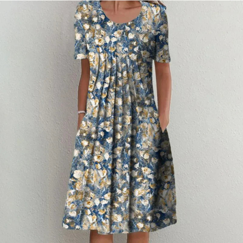 Floral A-line Round Neck Home Dress