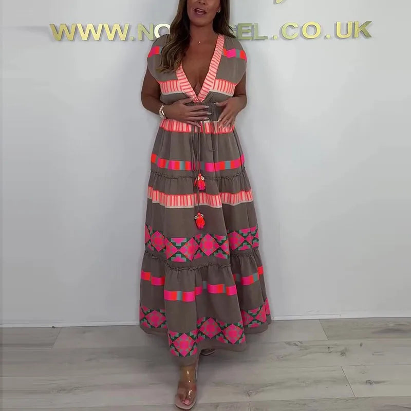 Boho Tassel V Neck Long Dress