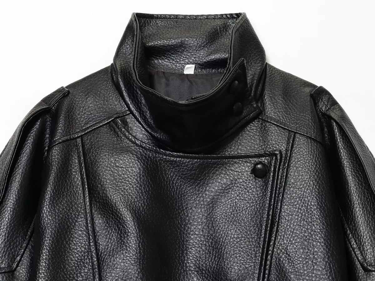 Women's Faux Leather Jacket – Loose Fit Stand Collar Winter Coat