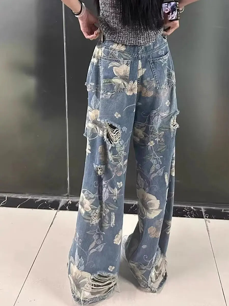 Vintage Floral Ripped Wide Leg Jeans