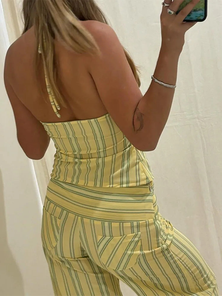 Striped Halter Lace-Up Beach Set