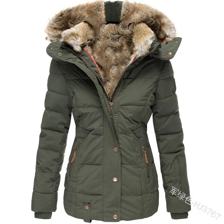 Autumn Winter Plush Lining Hooded Cotton Jacket