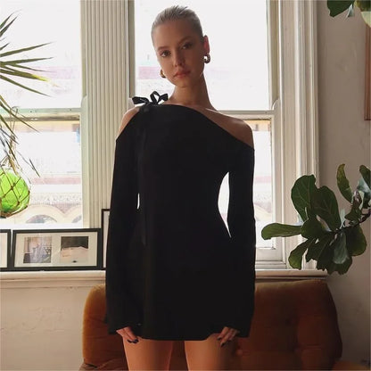 Autumn Slant Collar Dress — Stylish Full Sleeve Mini
