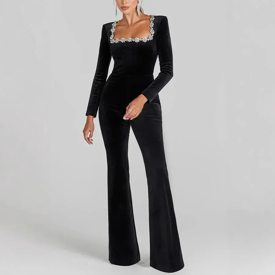 Black Velour Flare Jumpsuit