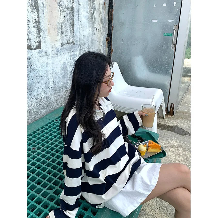 Loose Fit Striped Polo Sweatshirt