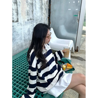 Loose Fit Striped Polo Sweatshirt