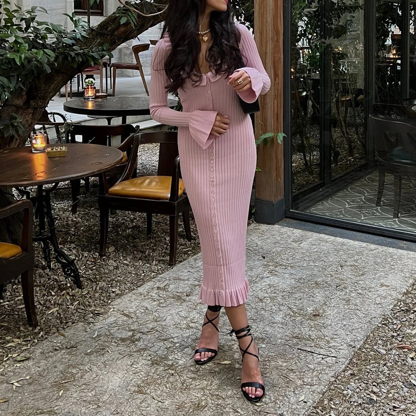 Rib Flair Buttoned Ruffle Knit Dress