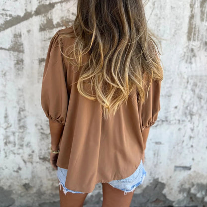 Lantern Sleeve Stand Collar Blouse