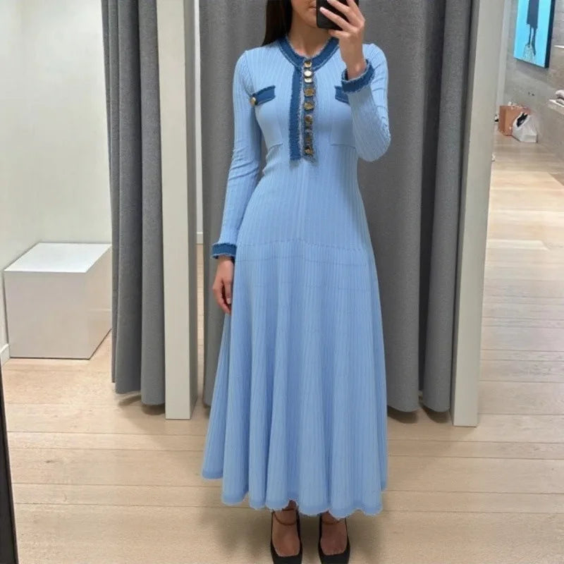 Slim Swing Maxi Dress — Knitted Denim Long Sleeve